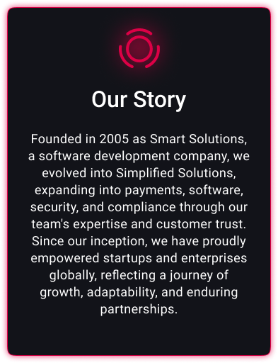 <br />
Story: Founded in 2005 as Smart Solutions, we grew into Simplified Solutions, expanding in payments, software, security & compliance.